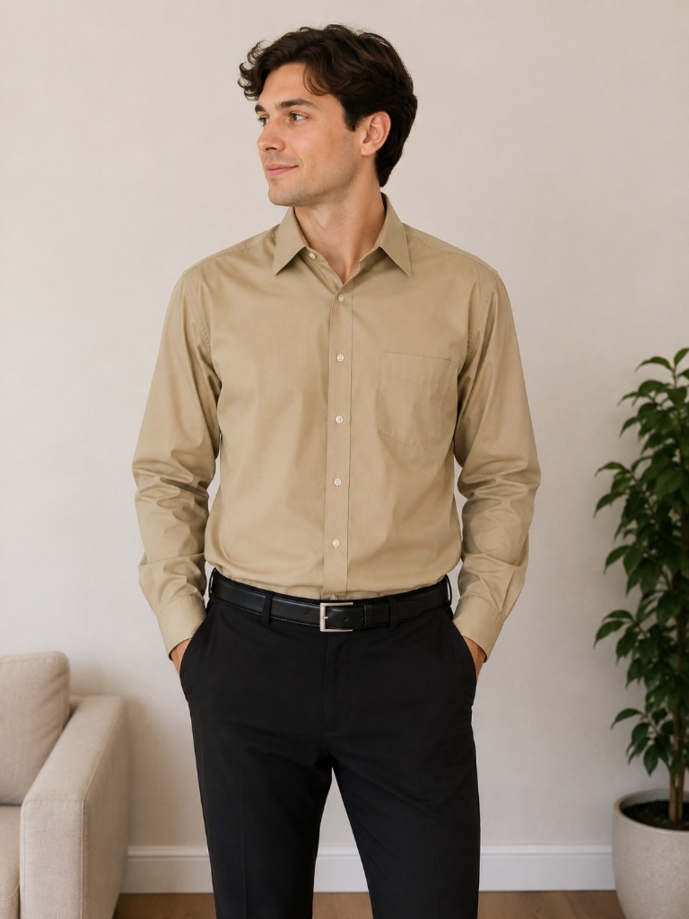 Joseph & Feiss Intl. Men’s Tan Long Sleeve Button-Down Dress Shirt, Size 16.5